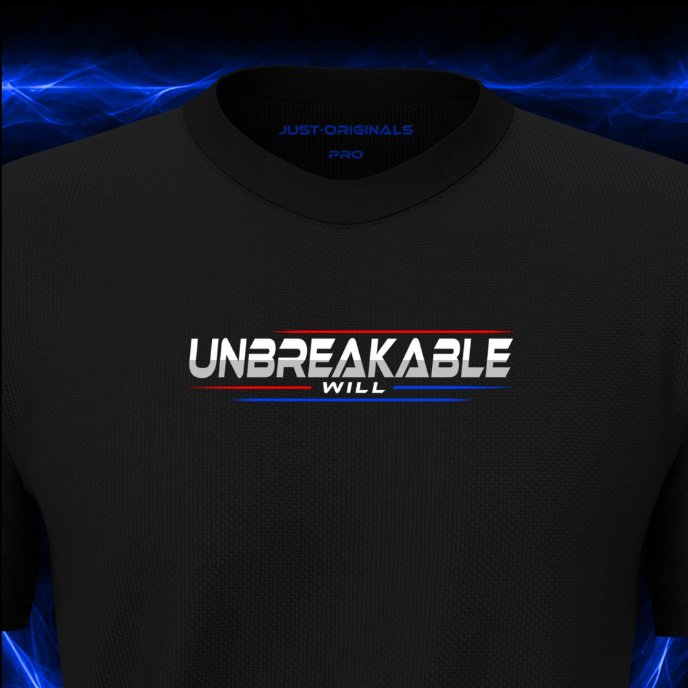 Close-up of the JUST-ORIGINALS™ MAXPULSE PRO Men UNBREAKABLE WILL design on a BlackPulse™ performance t-shirt, featuring white UNBREAKABLE typography, white WILL text, red and blue performance accent lines, and premium neck label.