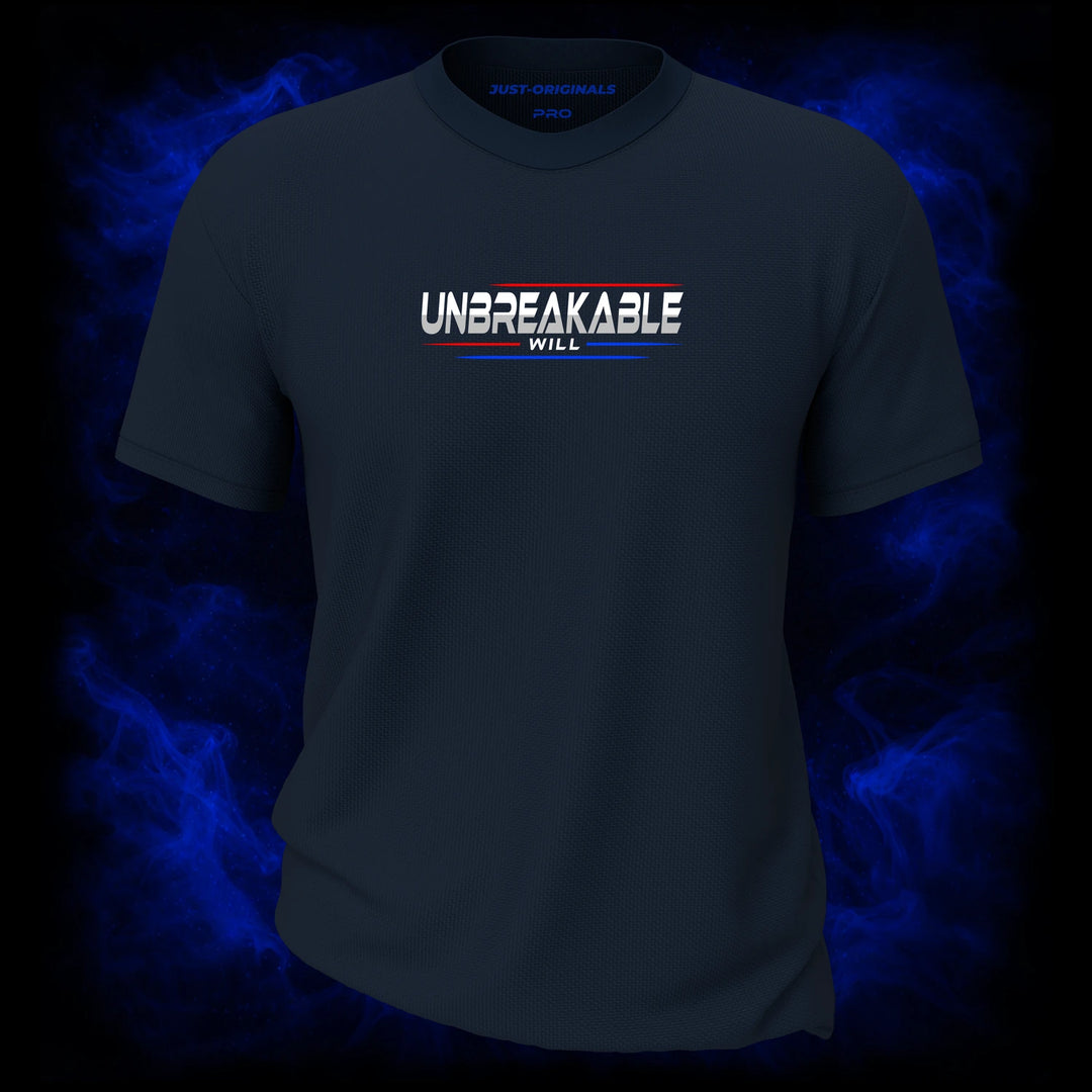 MAXPULSE™ PRO | UNBREAKABLE WILL | Men Tee | Bold white text with red and blue accent lines on StormPulse™ shirt | Featured in MAXPULSE™ PRO Men Tee