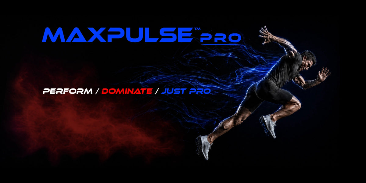 MAXPULSE™ PRO performance banner featuring a sprinting athlete with blue energy motion, red smoke accent, and the slogan Perform / Dominate / Just Pro.