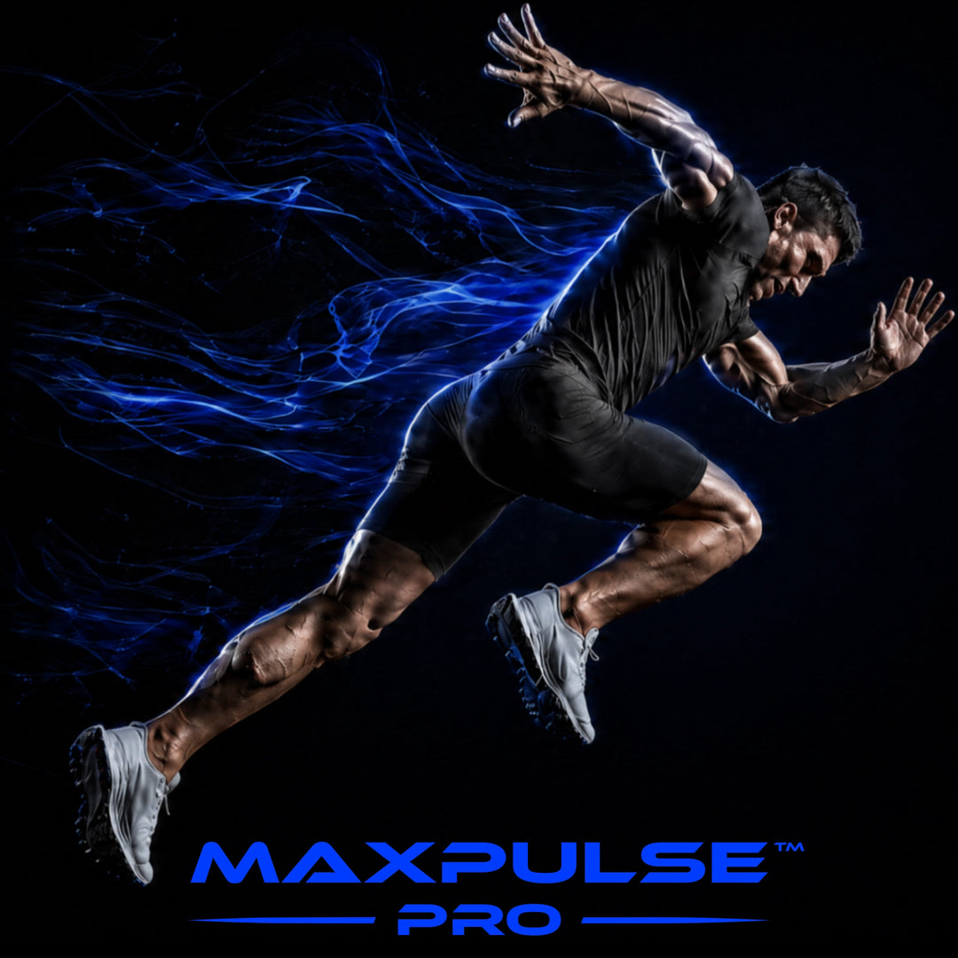 MAXPULSE™ PRO training level card featuring a sprinting athlete with blue energy smoke on a black background for JUST-ORIGINALS performance apparel.