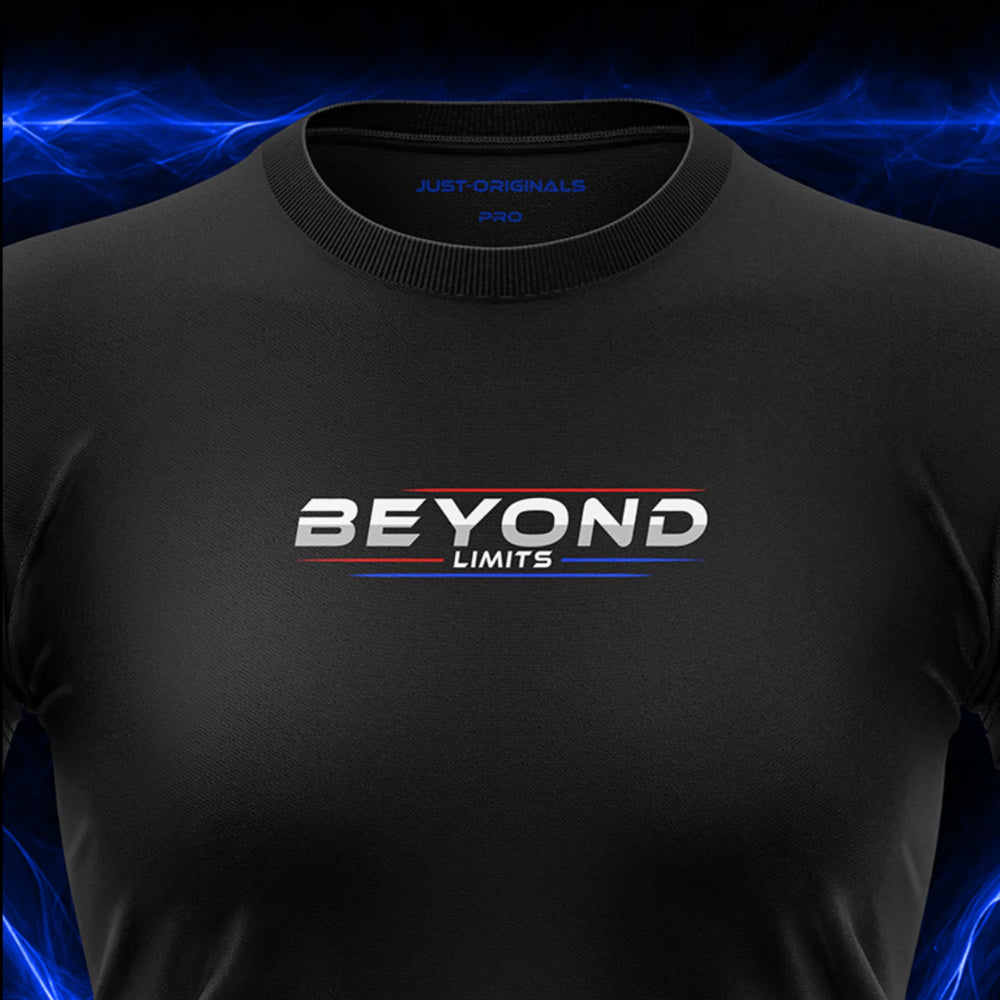 Close-up of the JUST-ORIGINALS™ MAXPULSE PRO Women BEYOND LIMITS design on a BlackPulse™ performance t-shirt, featuring white BEYOND typography, white LIMITS text, red and blue performance accent lines, and premium neck label.