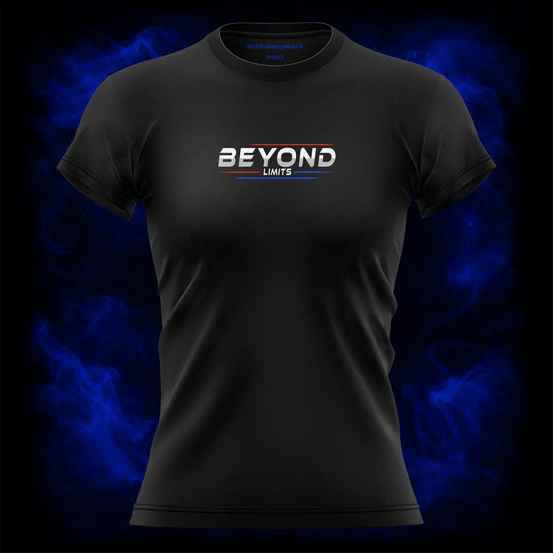 MAXPULSE™ PRO | BEYOND LIMITS | Women Tee | White BEYOND text with red top line and blue underline on BlackPulse™ shirt | Featured in MAXPULSE™ PRO Women Tee