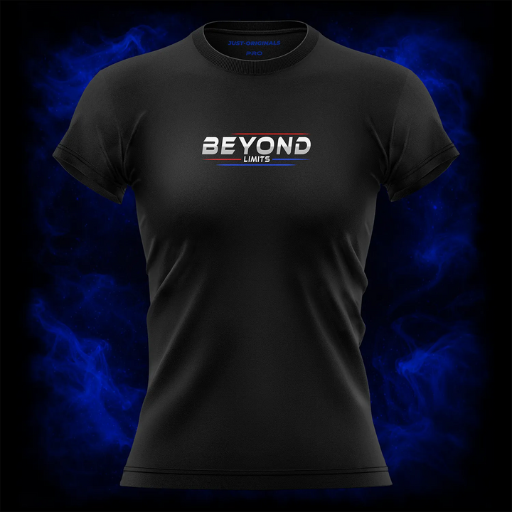 MAXPULSE™ PRO | BEYOND LIMITS | Women Tee | White BEYOND text with red top line and blue underline on BlackPulse™ shirt | Featured in MAXPULSE™ PRO Women Tee