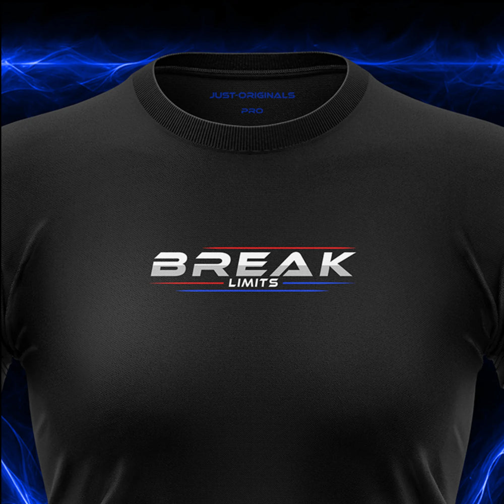 Close-up of the JUST-ORIGINALS™ MAXPULSE PRO Women BREAK LIMITS design on a BlackPulse™ performance t-shirt, featuring white BREAK typography, white LIMITS text, red and blue performance accent lines, and premium neck label.