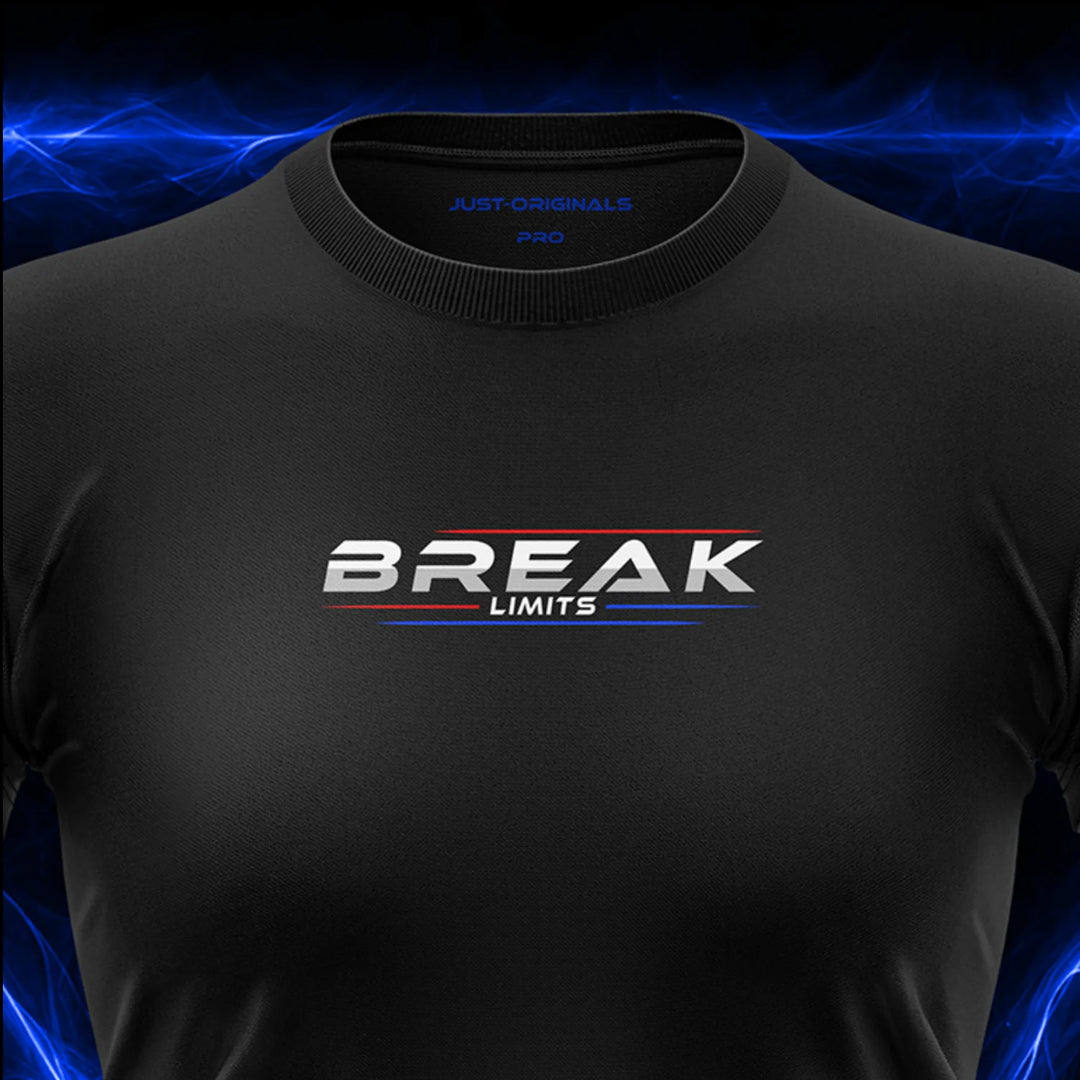 Close-up of the JUST-ORIGINALS™ MAXPULSE PRO Women BREAK LIMITS design on a BlackPulse™ performance t-shirt, featuring white BREAK typography, white LIMITS text, red and blue performance accent lines, and premium neck label.