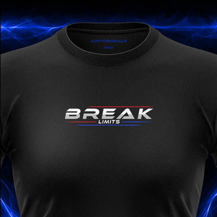 Close-up of the JUST-ORIGINALS™ MAXPULSE PRO Women BREAK LIMITS design on a BlackPulse™ performance t-shirt, featuring white BREAK typography, white LIMITS text, red and blue performance accent lines, and premium neck label.