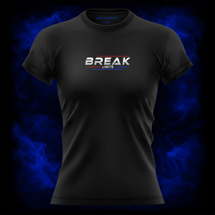 MAXPULSE™ PRO | BREAK LIMITS | Women Tee | White BREAK text with red top line and blue underline on BlackPulse™ shirt | Featured in MAXPULSE™ PRO Women Tee