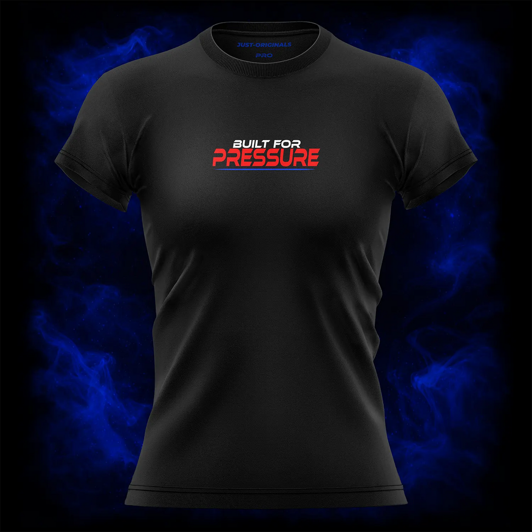 MAXPULSE™ PRO | BUILT FOR PRESSURE | Front Design | Bold red PRESSURE typography with white BUILT FOR accent and blue underline on BlackPulse™ performance tee | Featured in MAXPULSE™ PRO Women Performance Tee