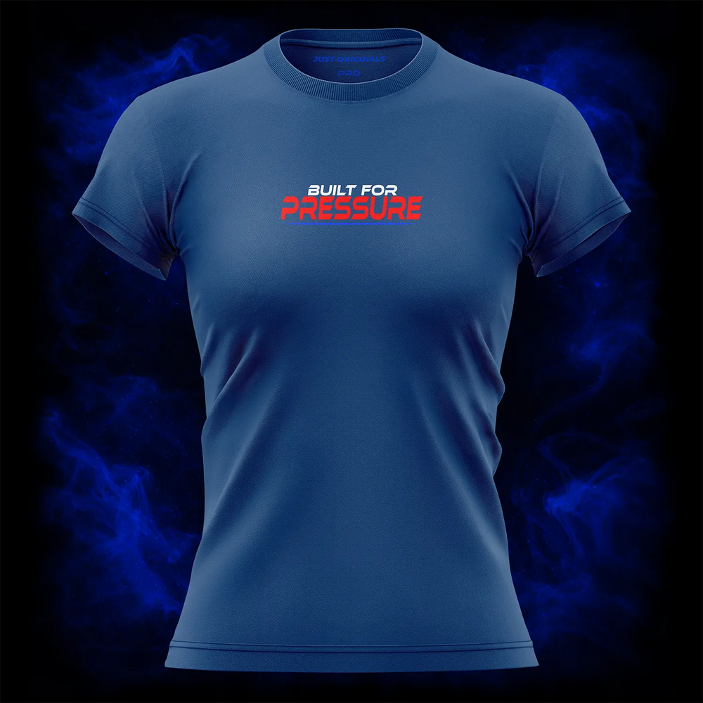 MAXPULSE™ PRO | BUILT FOR PRESSURE | Front Design | Bold red PRESSURE typography with white BUILT FOR accent and blue underline on RoyalPulse™ performance tee | Featured in MAXPULSE™ PRO Women Performance Tee