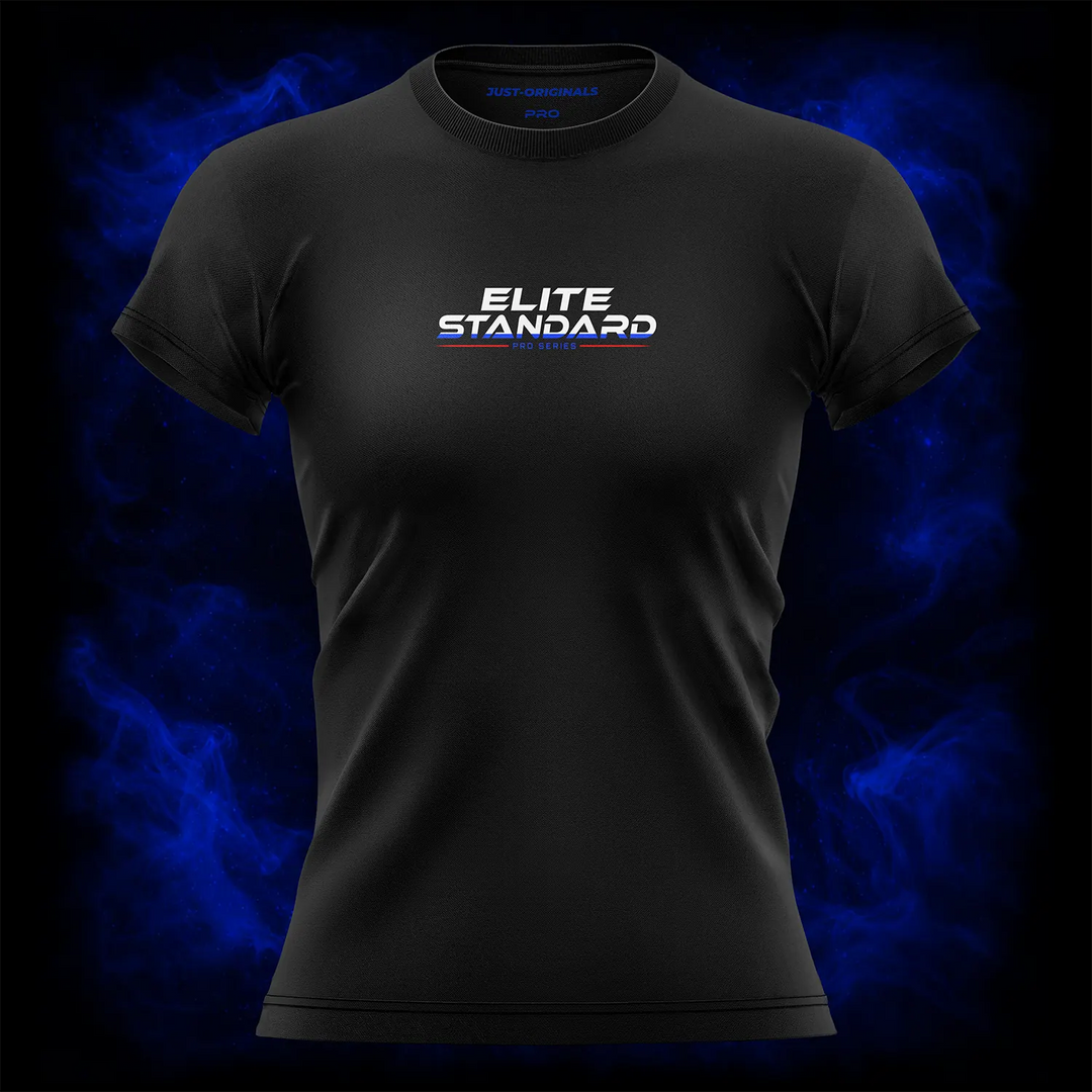 MAXPULSE™ PRO Women Tee featuring ELITE STANDARD PRO SERIES centered on BlackPulse™ performance fabric with bold red and blue typographic contrast, engineered for elite training and peak performance.