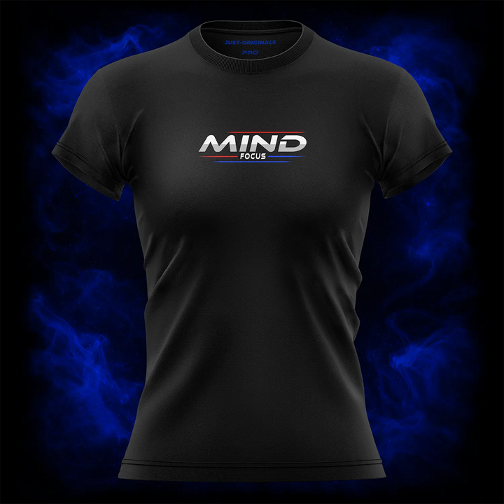 MAXPULSE™ PRO | MIND FOCUS | Women Tee | White text with red top line and blue bottom line on BlackPulse™ shirt | Featured in MAXPULSE™ PRO Women Tee