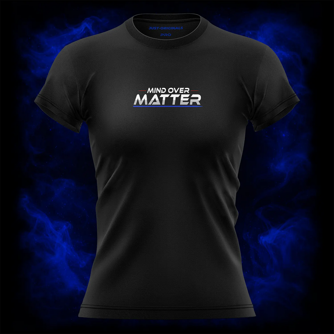 MAXPULSE™ PRO | MIND OVER MATTER | Women Performance Tee | White text with red and blue accent lines on BlackPulse™ shirt | Featured in MAXPULSE™ PRO Women Tee