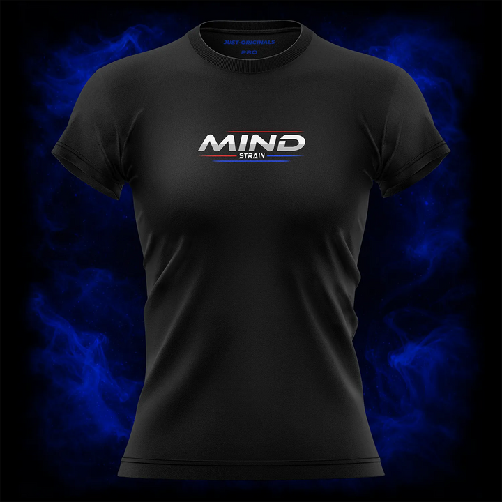 MAXPULSE™ PRO | MIND STRAIN | Women Tee | White text with red top line and blue bottom line on BlackPulse™ shirt | Featured in MAXPULSE™ PRO Women Tee