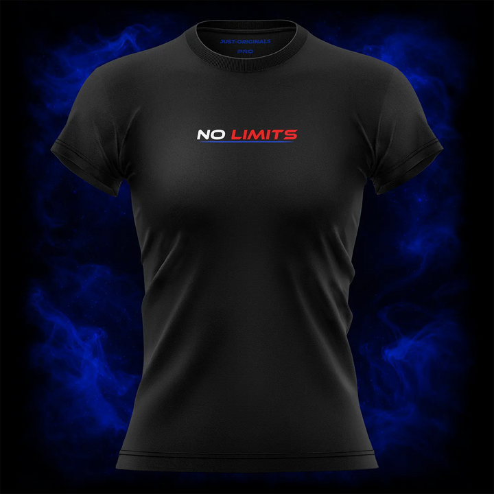 MAXPULSE™ PRO | NO LIMITS | Front Design | White and red athletic NO LIMITS typography with blue underline on BlackPulse™ performance tee | Featured in MAXPULSE™ PRO Women Performance Tee