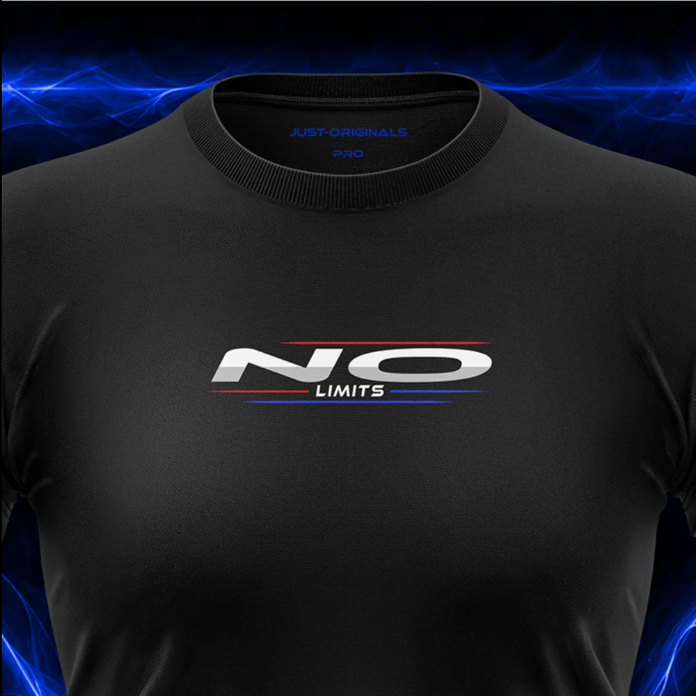 JUST-ORIGINALS™ MAXPULSE™ PRO Women Tee — NO LIMITS design close-up on BlackPulse™ performance fabric featuring white typography with red and blue accent lines.