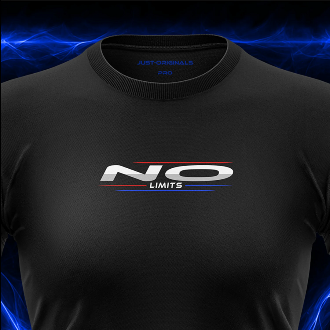 JUST-ORIGINALS™ MAXPULSE™ PRO Women Tee — NO LIMITS design close-up on BlackPulse™ performance fabric featuring white typography with red and blue accent lines.