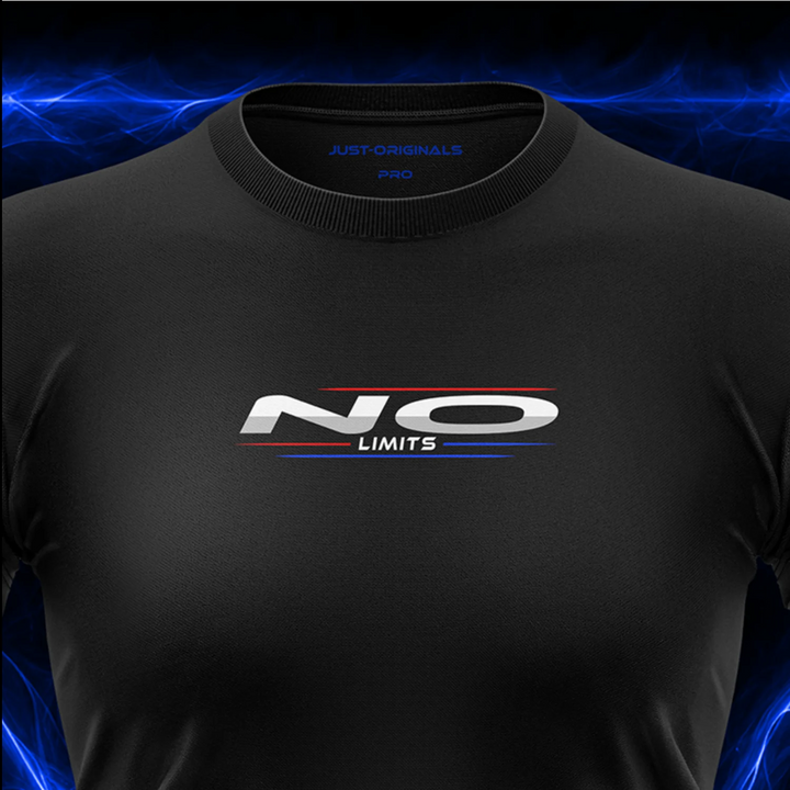 JUST-ORIGINALS™ MAXPULSE™ PRO Women Tee — NO LIMITS design close-up on BlackPulse™ performance fabric featuring white typography with red and blue accent lines.