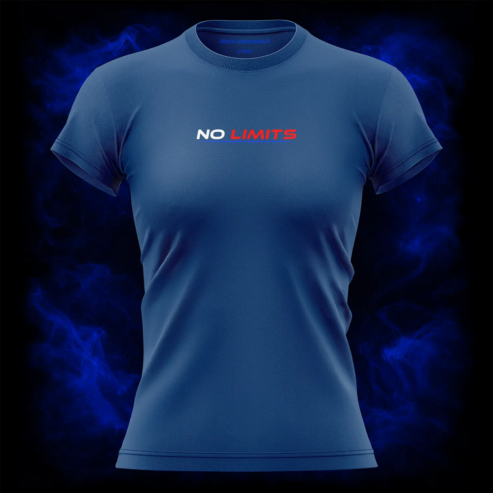 MAXPULSE™ PRO | NO LIMITS | Front Design | White and red athletic NO LIMITS typography with blue underline on RoyalPulse™ performance tee | Featured in MAXPULSE™ PRO Women Performance Tee