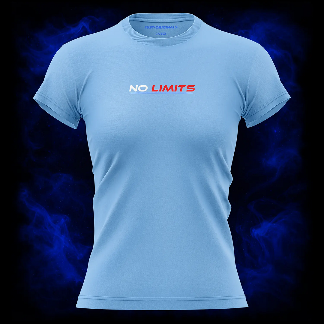 MAXPULSE™ PRO | NO LIMITS | Front Design | White and red athletic NO LIMITS typography with blue underline on SkyPulse™ performance tee | Featured in MAXPULSE™ PRO Women Performance Tee