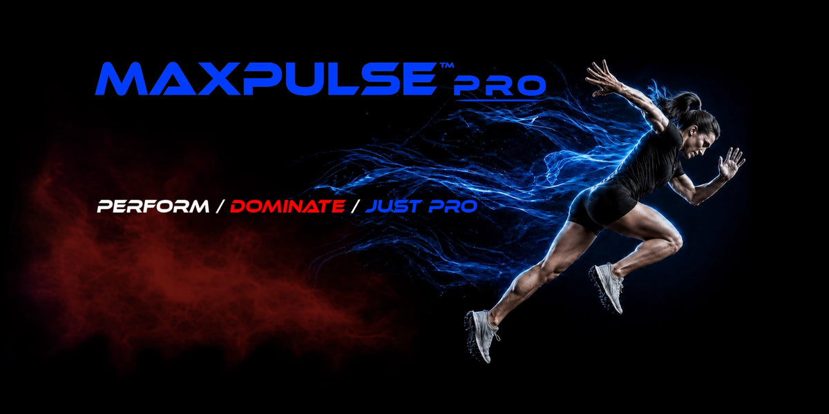 MAXPULSE™ PRO Women banner featuring a female sprinter with electric blue energy trails, red smoke background, and the slogan "PERFORM / DOMINATE / JUST PRO".