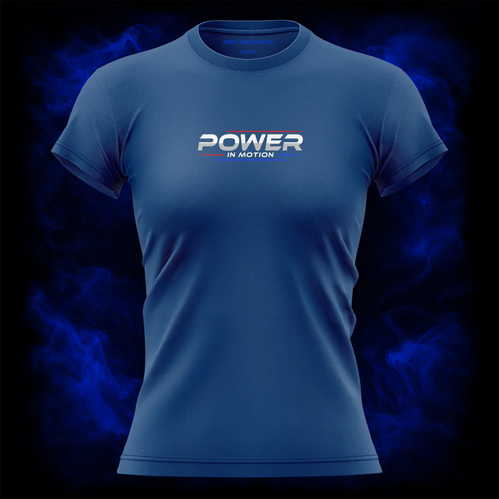 MAXPULSE™ PRO | POWER IN MOTION | Women Tee | White text with red and blue accent lines on RoyalPulse™ shirt | Featured in MAXPULSE™ PRO Women Tee