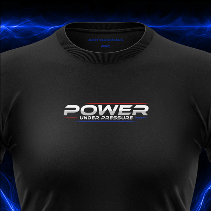 Close-up of the JUST-ORIGINALS™ MAXPULSE™ PRO Women POWER UNDER PRESSURE design on a BlackPulse™ performance t-shirt, featuring white and silver POWER typography, white UNDER PRESSURE text, red and blue accent lines, blue premium neck label, and premium athletic fabric.