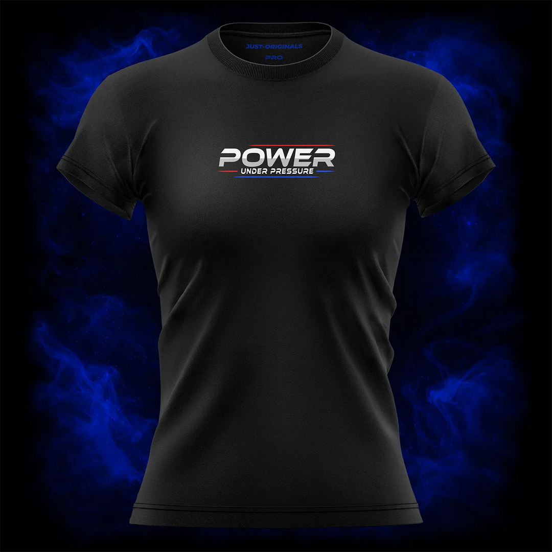 MAXPULSE™ PRO | POWER UNDER PRESSURE | Women Tee | White text with red and blue accent lines on BlackPulse™ shirt | Featured in MAXPULSE™ PRO Women Tee