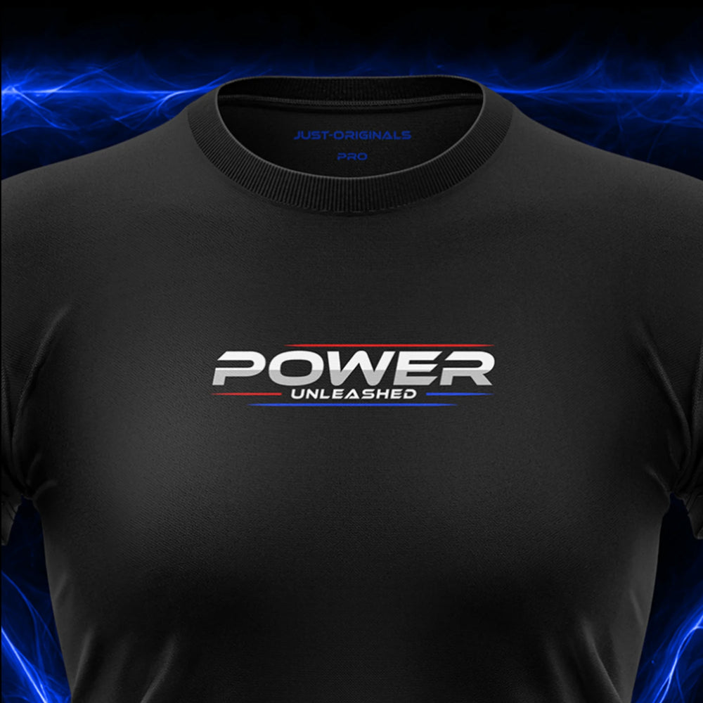 Close-up of the JUST-ORIGINALS™ MAXPULSE™ PRO Women POWER UNLEASHED design on a BlackPulse™ performance t-shirt, featuring white and silver POWER typography, white UNLEASHED text, red and blue accent lines, blue premium neck label, and premium athletic fabric.