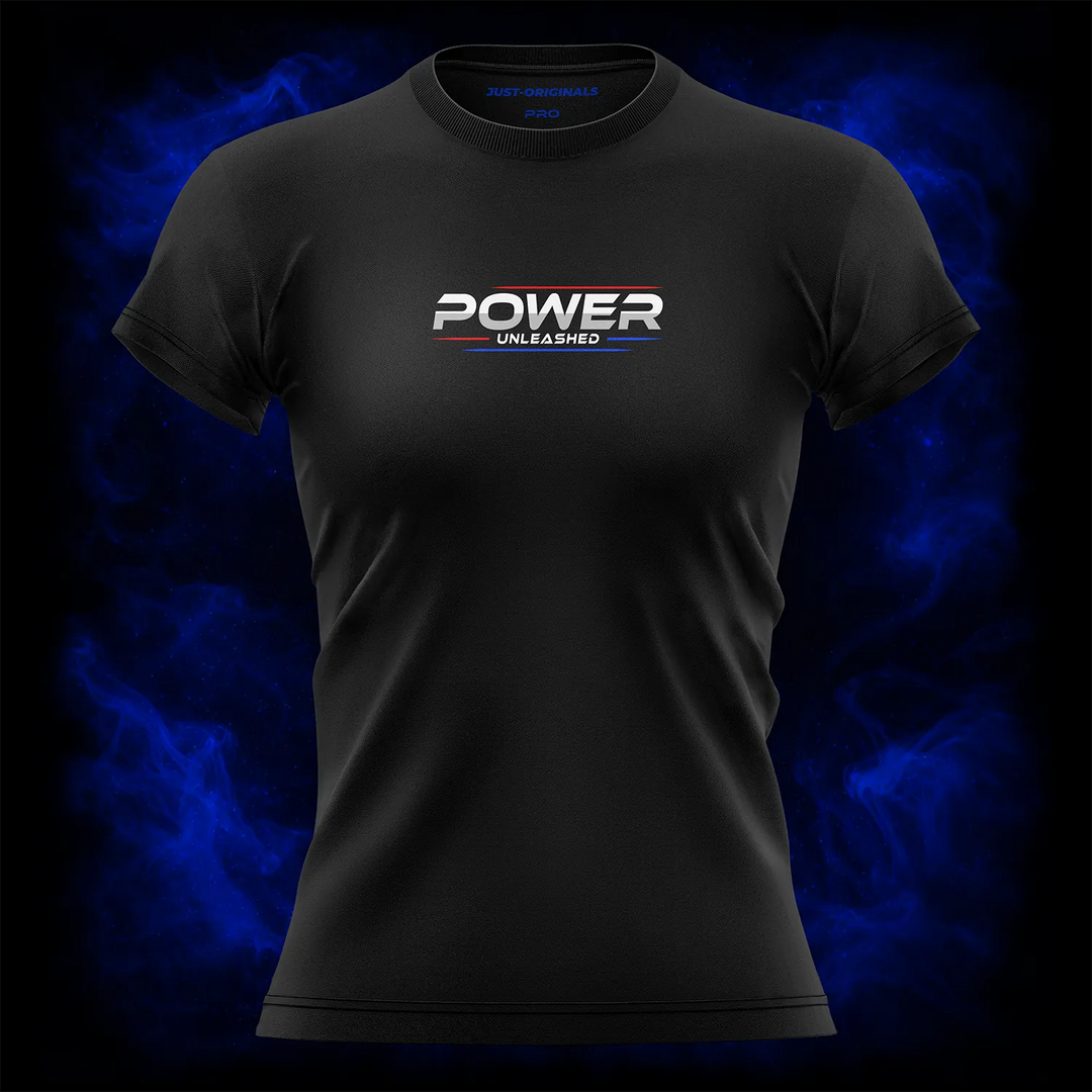 MAXPULSE™ PRO | POWER UNLEASHED | Women Tee | White text with red and blue accent lines on BlackPulse™ shirt | Featured in MAXPULSE™ PRO Women Tee