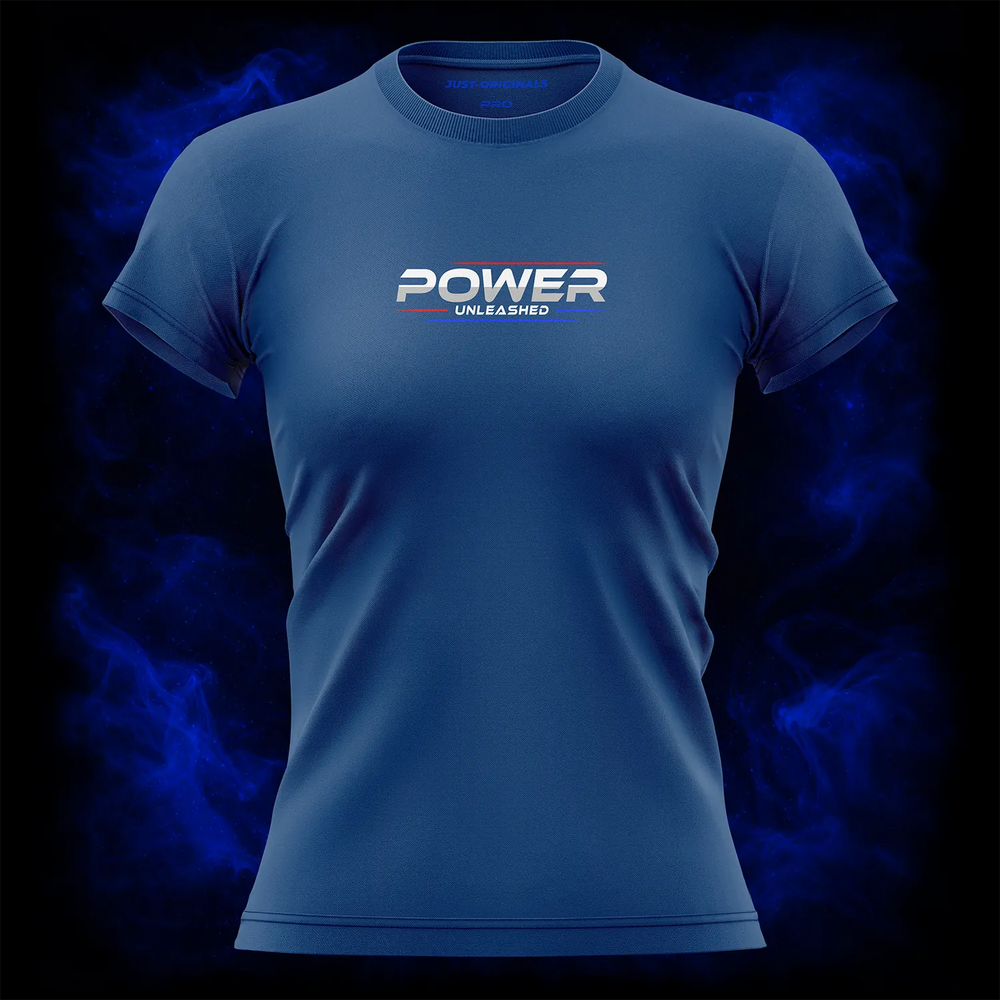 MAXPULSE™ PRO | POWER UNLEASHED | Women Tee | White text with red and blue accent lines on RoyalPulse™ shirt | Featured in MAXPULSE™ PRO Women Tee