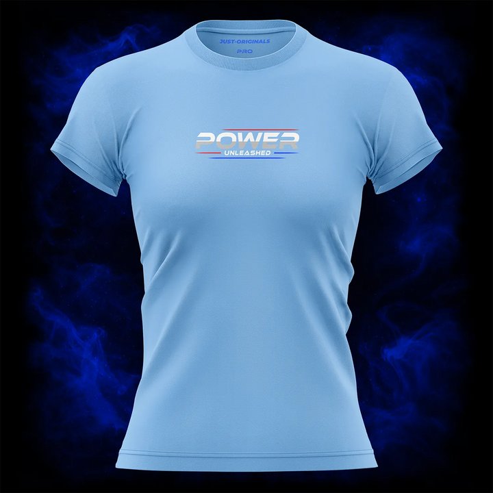 MAXPULSE™ PRO | POWER UNLEASHED | Women Tee | White text with red and blue accent lines on SkyPulse™ shirt | Featured in MAXPULSE™ PRO Women Tee
