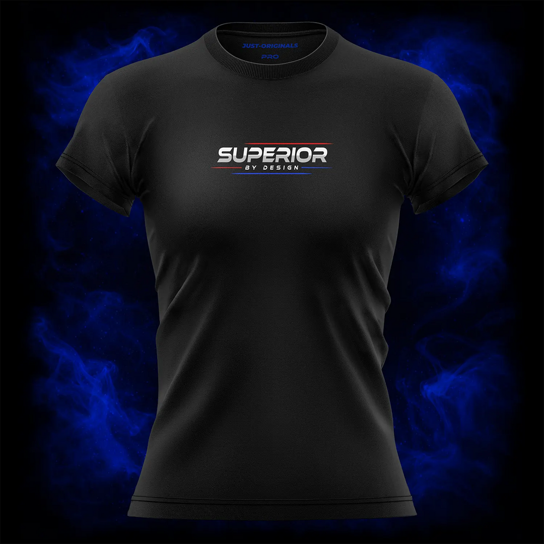 MAXPULSE™ PRO Women Tee featuring SUPERIOR BY DESIGN centered on BlackPulse™ performance fabric with bold red and blue typographic accents, engineered for elite training and high-performance workouts.