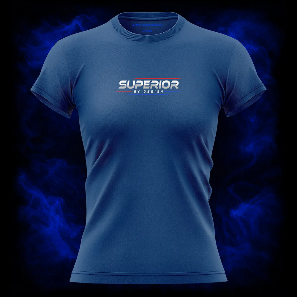 MAXPULSE™ PRO Women Tee featuring SUPERIOR BY DESIGN centered on RoyalPulse™ performance fabric with bold red and blue typographic accents, designed for strength, precision, and elite athletic performance.