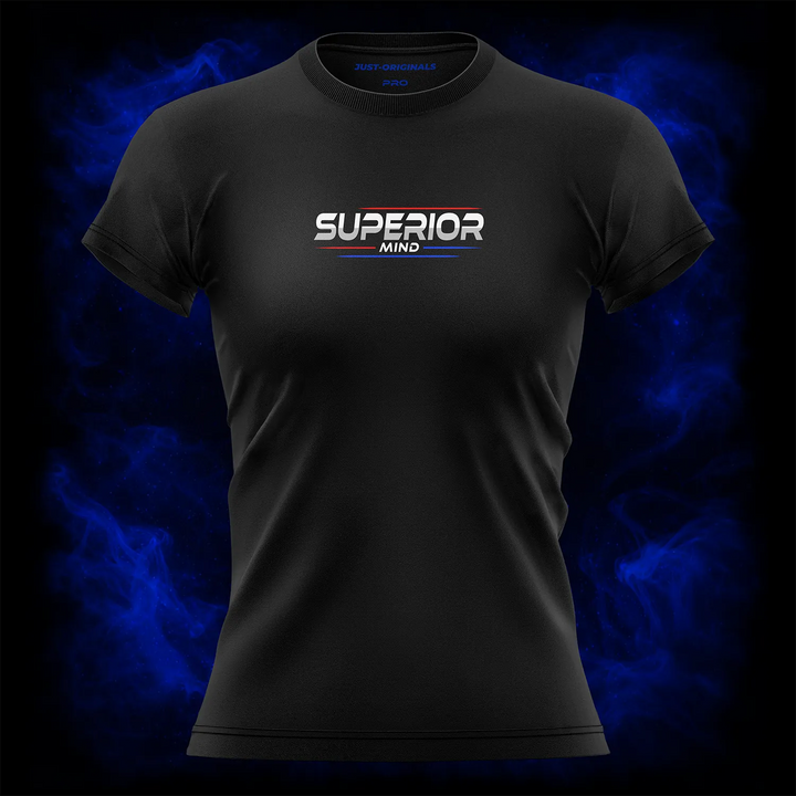 MAXPULSE™ PRO Women Tee – SUPERIOR MIND design on BlackPulse™ colorway with white performance typography, red accent line(s), and blue accent