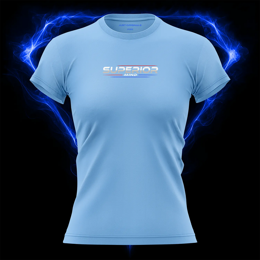 MAXPULSE™ PRO Women Tee — SUPERIOR MIND design on SkyPulse™ colorway with white performance typography, red accent line, and blue accent line.