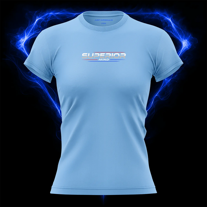 MAXPULSE™ PRO Women Tee — SUPERIOR MIND design on SkyPulse™ colorway with white performance typography, red accent line, and blue accent line.