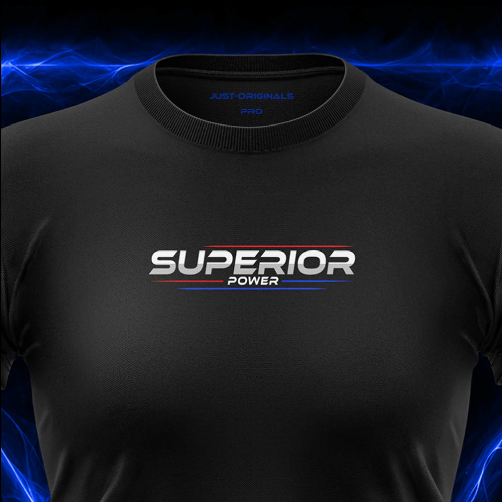 Close-up of the JUST-ORIGINALS™ MAXPULSE™ PRO Women SUPERIOR POWER design on a BlackPulse™ performance t-shirt, featuring white and silver SUPERIOR typography, white POWER text, red and blue accent lines, blue premium neck label, and premium athletic fabric.