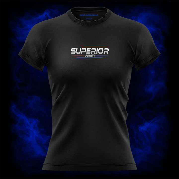 MAXPULSE™ PRO Women Tee – SUPERIOR POWER design on BlackPulse™ colorway with white performance typography, red accent line(s), and blue accent