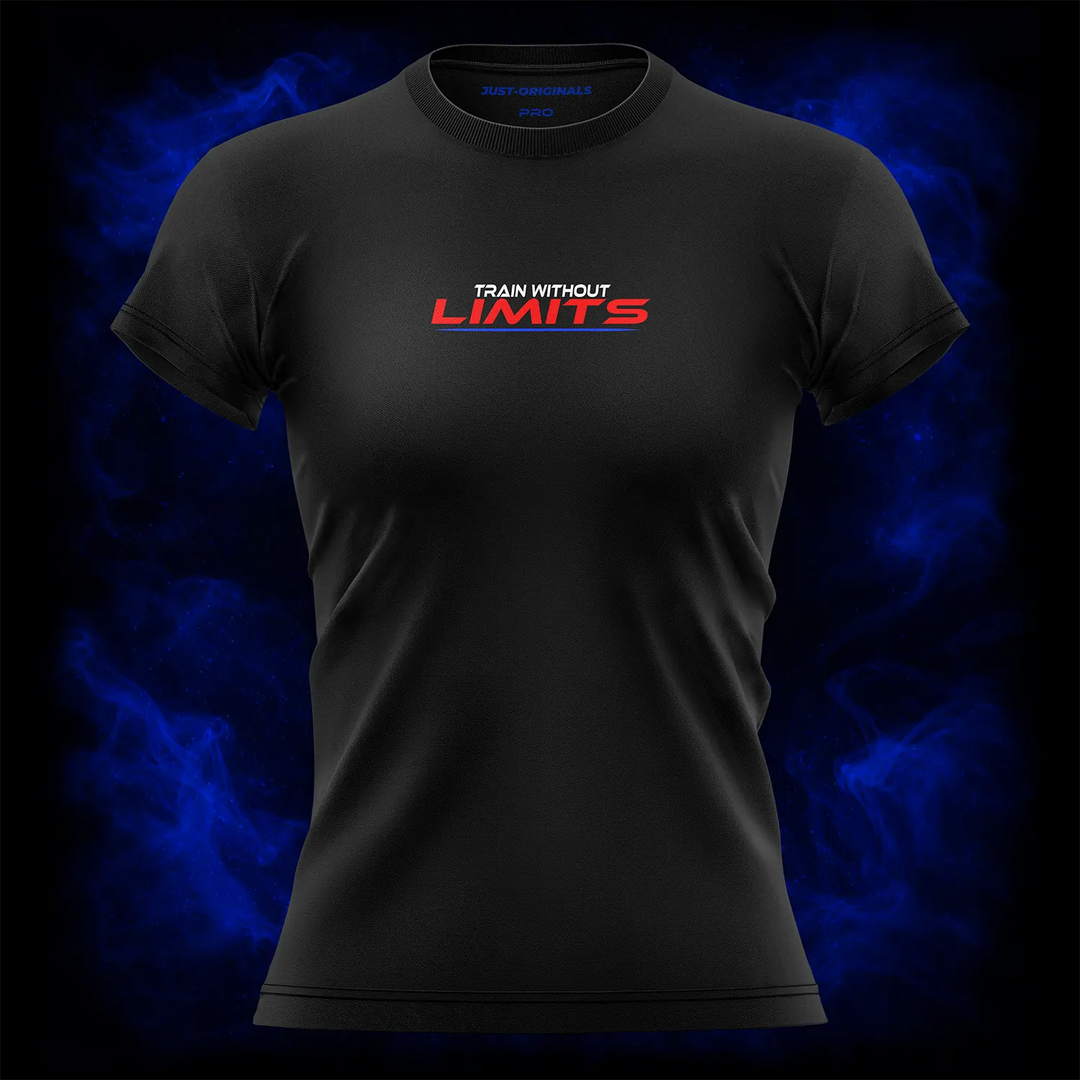 MAXPULSE™ PRO | TRAIN WITHOUT LIMITS | Front Design | Red LIMITS typography with white TRAIN WITHOUT accent and blue underline on BlackPulse™ performance tee | Featured in MAXPULSE™ PRO Women Performance Tee