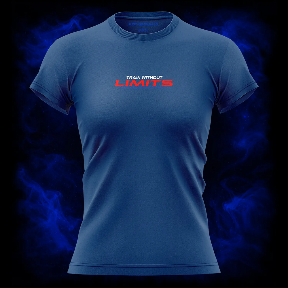 MAXPULSE™ PRO | TRAIN WITHOUT LIMITS | Front Design | Red LIMITS typography with white TRAIN WITHOUT accent and blue underline on RoyalPulse™ performance tee | Featured in MAXPULSE™ PRO Women Performance Tee