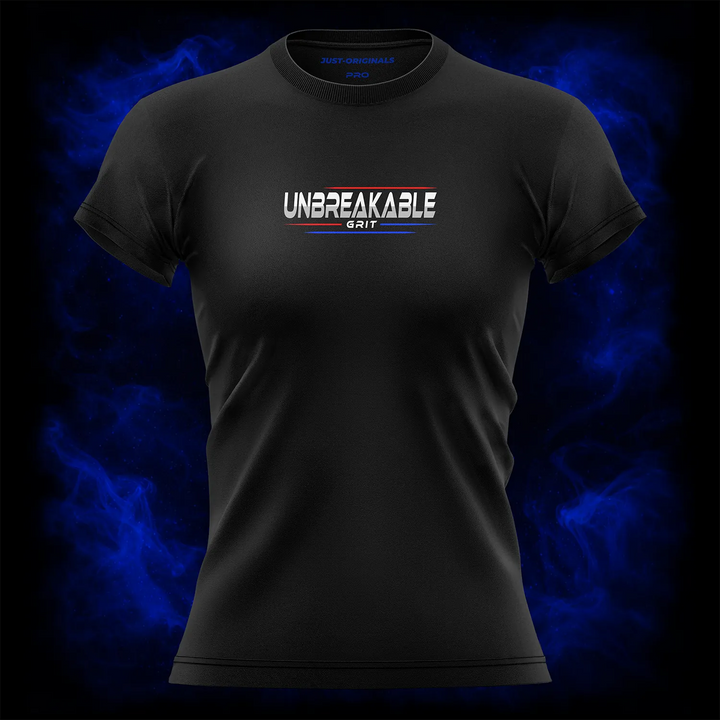 MAXPULSE™ PRO | UNBREAKABLE GRIT | Women Tee | Bold white text with red and blue accent lines on BlackPulse™ shirt | Featured in MAXPULSE™ PRO Women Tee