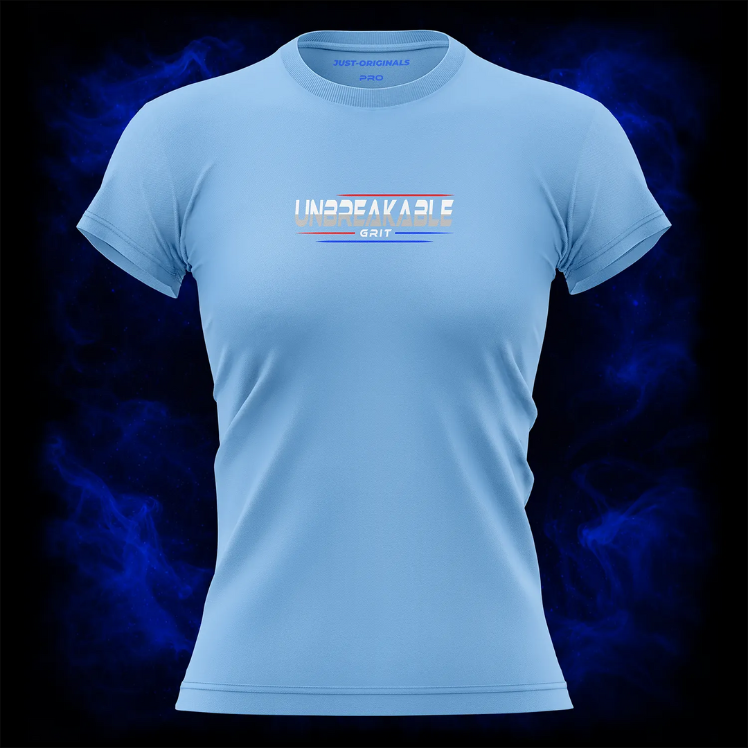 MAXPULSE™ PRO | UNBREAKABLE GRIT | Women Tee | Bold white text with red and blue accent lines on SkyPulse™ shirt | Featured in MAXPULSE™ PRO Women Tee