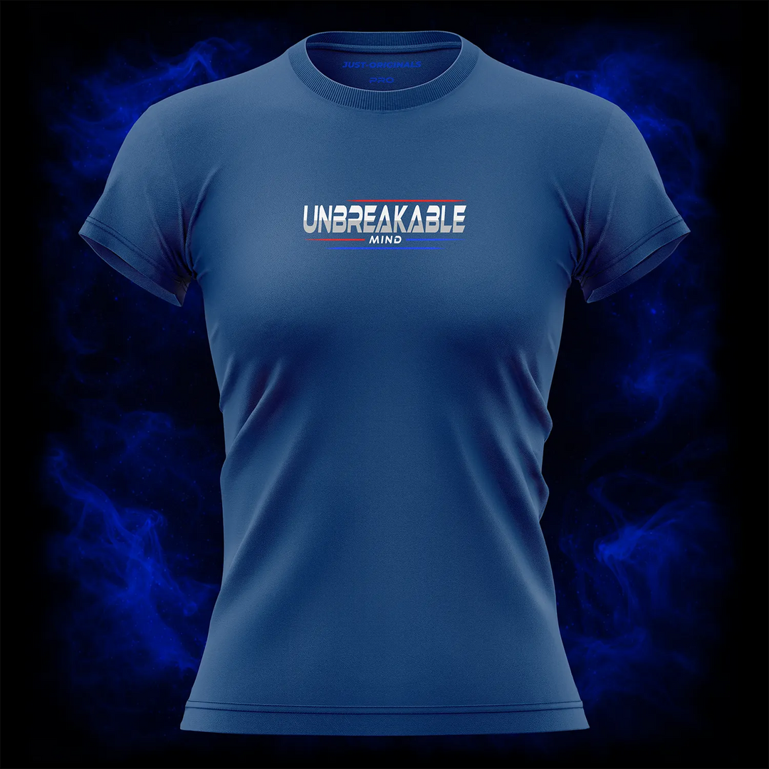MAXPULSE™ PRO | UNBREAKABLE MIND | Women Tee | Bold white text with red and blue accent lines on RoyalPulse™ shirt | Featured in MAXPULSE™ PRO Women Tee