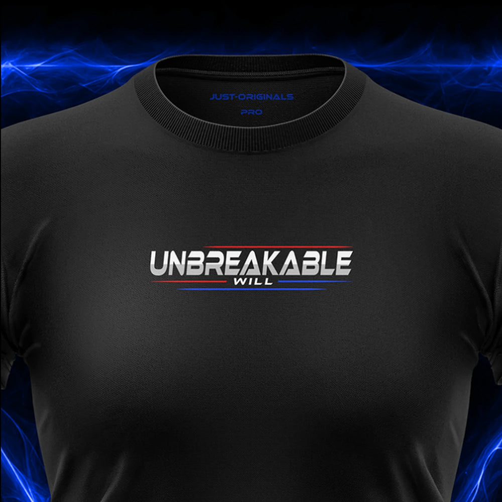 Close-up of the JUST-ORIGINALS™ MAXPULSE™ PRO Women UNBREAKABLE WILL design on a BlackPulse™ performance t-shirt, featuring white and silver UNBREAKABLE typography, white WILL text, red and blue accent lines, blue premium neck label, and premium athletic fabric.