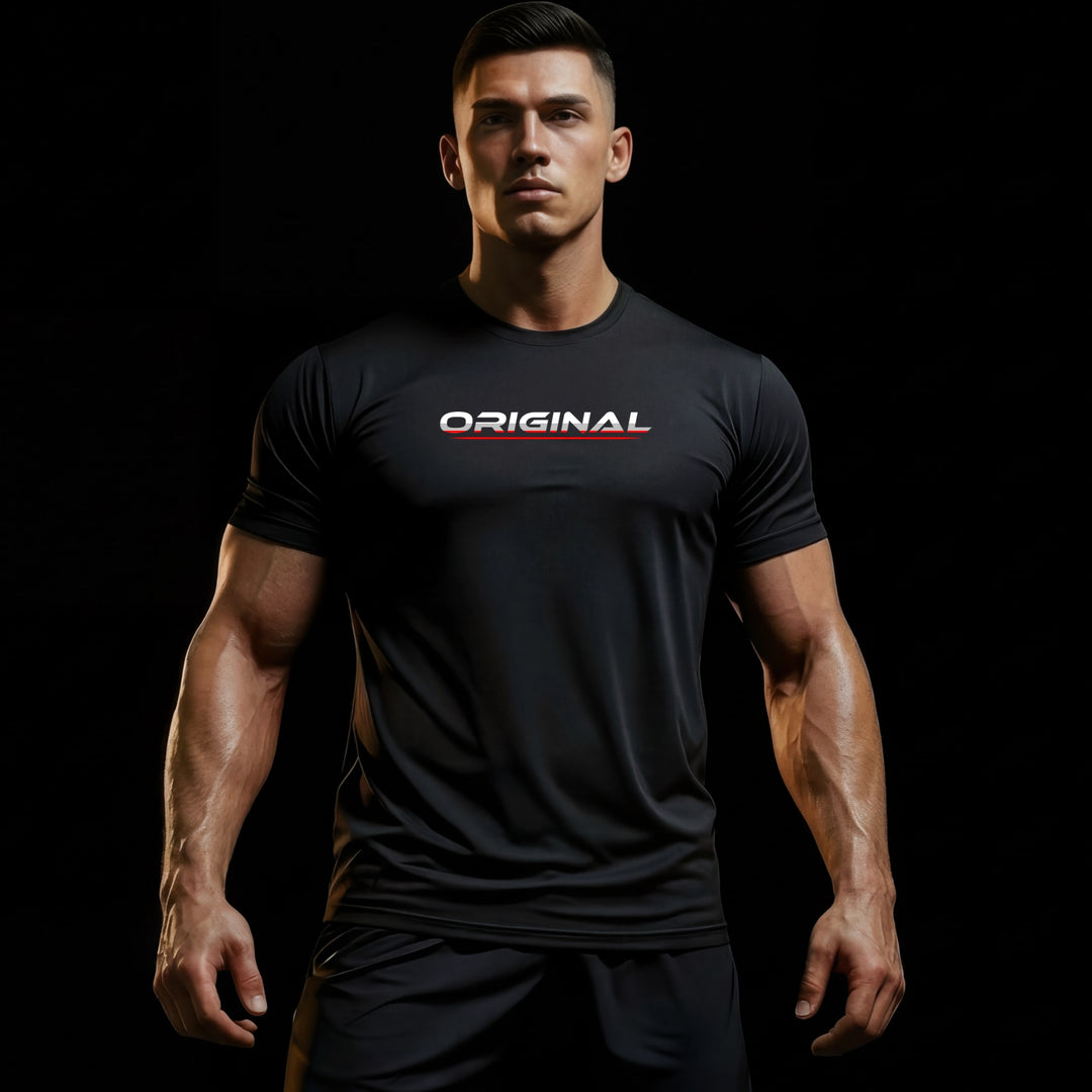 JUST-ORIGINALS™ Men category card featuring a male model in a black performance tee with ORIGINAL chest design for training and lifestyle apparel.
