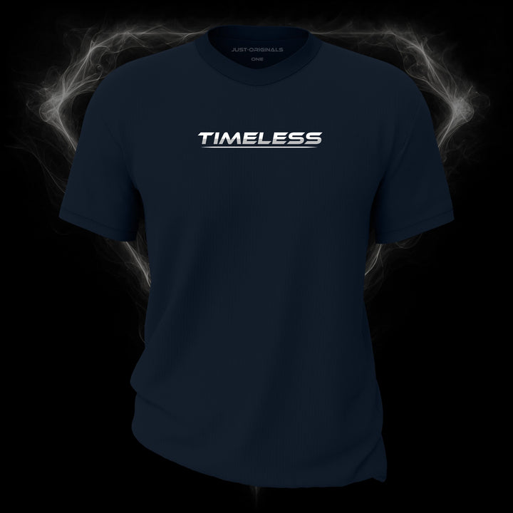 LIFESTYLE ONE Unisex Tee — TIMELESS II design on StormPulse™ colorway with white lifestyle typography, silver-gray word accent, and white underline.