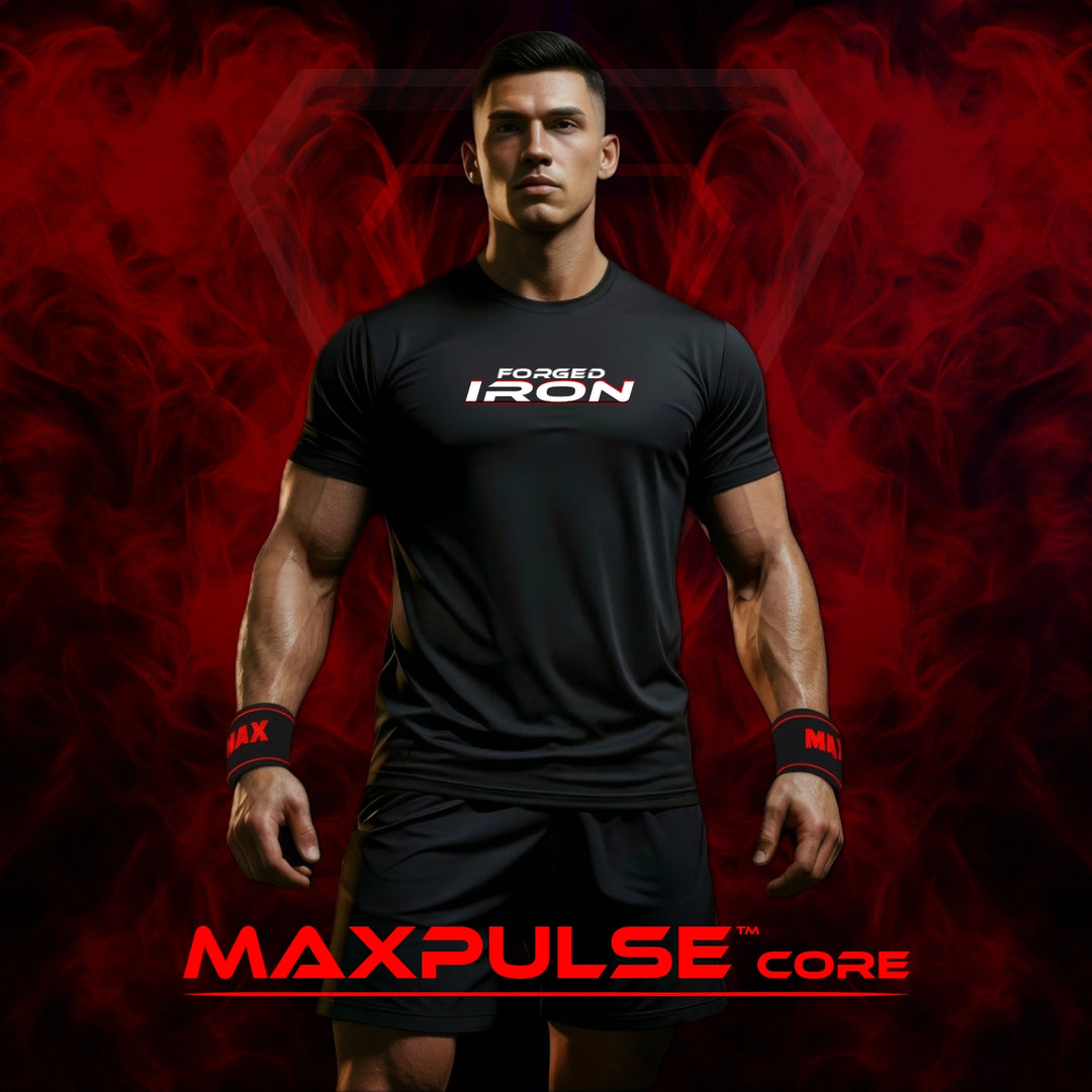 MAXPULSE™ CORE collection card featuring a male fitness model wearing a black tee with “FORGED IRON” text, red smoke background, and red MAX wrist wraps built for training.