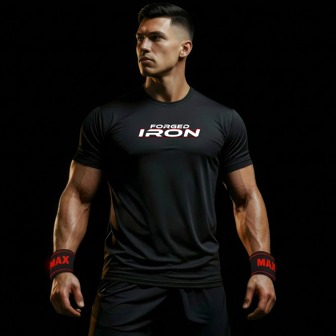 MAXPULSE™ CORE Men | FORGED IRON | BlackPulse™ performance tee | Front model view wearing structured athletic fit with red underline detail | Featured in MAXPULSE™ CORE Men Tee