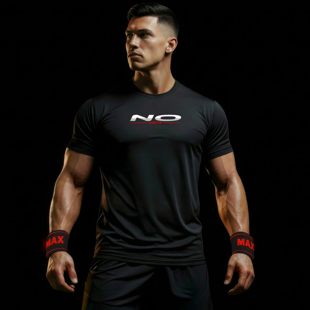 MAXPULSE™ CORE Men | NO LIMITS | BlackPulse™ performance tee | Front model view wearing structured athletic fit with NO LIMITS chest print and red underline detail | Male fitness model facing forward with strong posture and defined physique in dark studio lighting | Featured in MAXPULSE™ CORE Men Tee