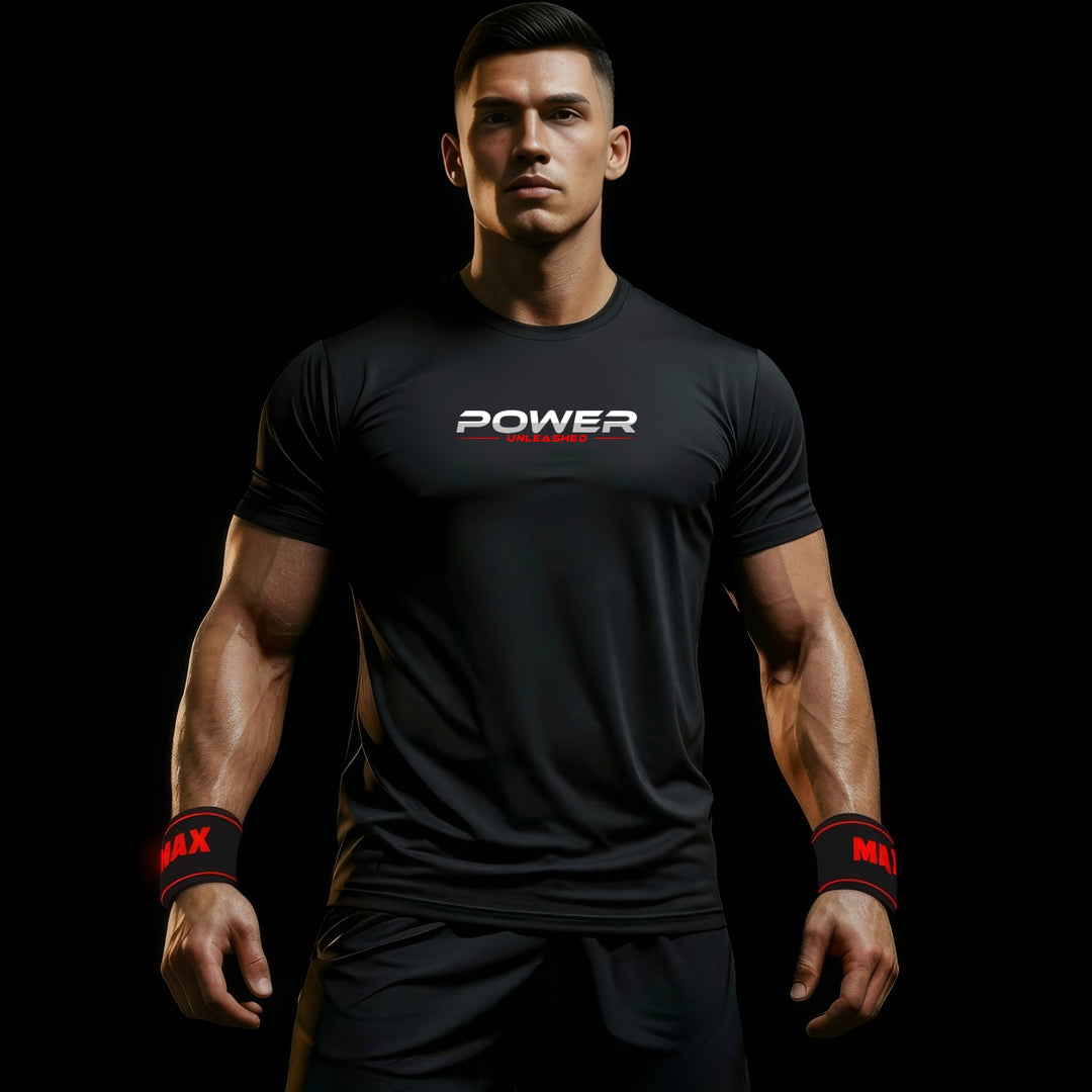 MAXPULSE™ CORE Men | POWER UNLEASHED | BlackPulse™ performance tee | Front model view wearing structured athletic fit with POWER UNLEASHED chest print and red underline detail | Male fitness model looking to the side with powerful stance and defined build in minimal dark studio setting | Featured in MAXPULSE™ CORE Men Tee
